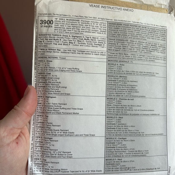 5/$25 sewing McCall's 3900 Crafts Doll Clothing Pattern 🪡 - Picture 6 of 7